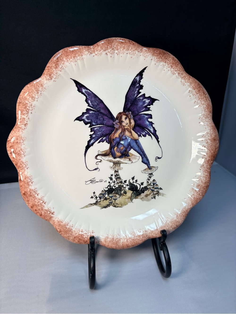Amy Brown Purple Fairy Decorative Plate with Scalloped Rim Mushroom 10"
